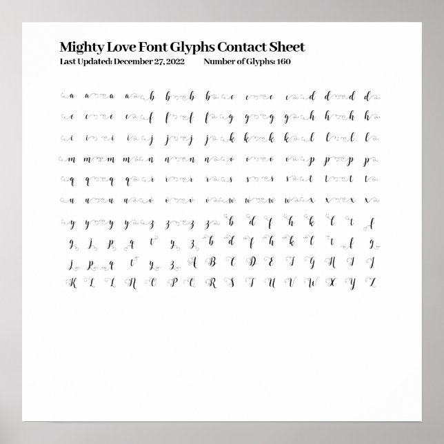 Mighty Love Font Glyphs Contact Sheet Poster (Front)