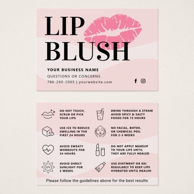 Mighty Pink Lip Blush Aftercare Advice Card (Front & Back)
