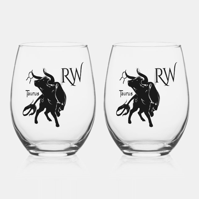 Mighty Taurus the Bull Zodiac Monogram Stemless Wine Glass (Front)