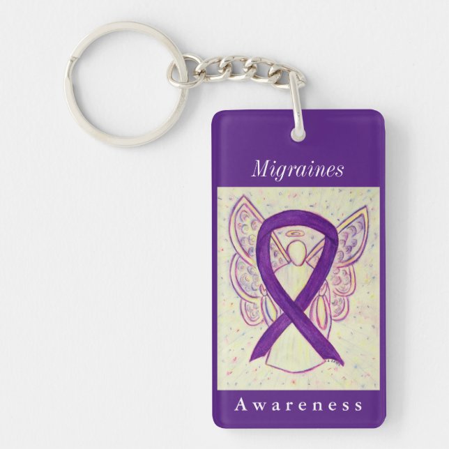 Migraines Awareness Ribbon Guardian Angel Keychain (Front)
