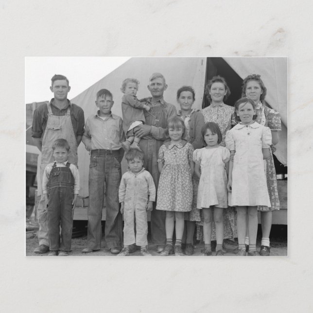 Migrant Family During Pea Harvest -- 1939 Postcard (Front)
