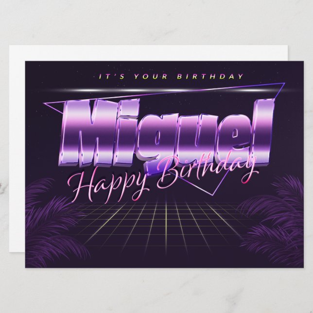 Miguel Name first name lilac retro card birthday (Front/Back)