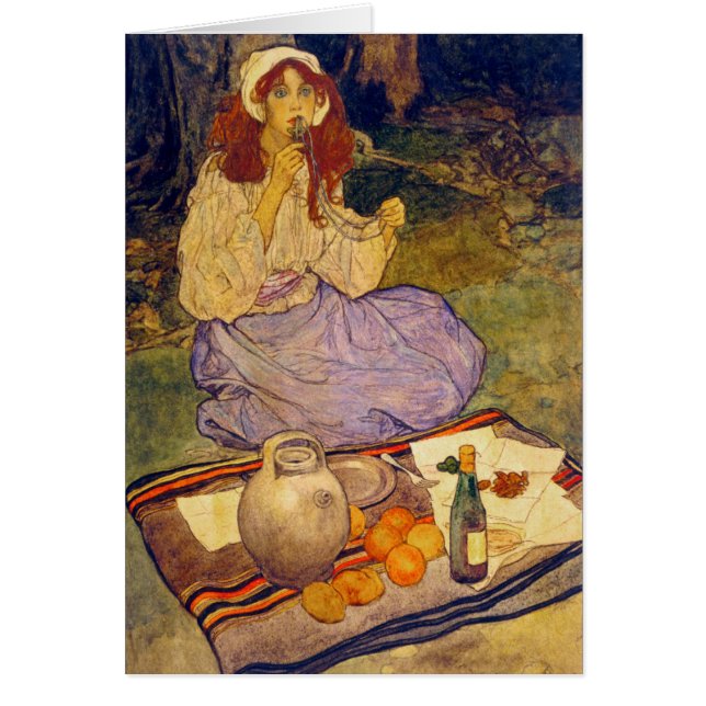 Miguela, kneeling still, put it to her lip (Front)