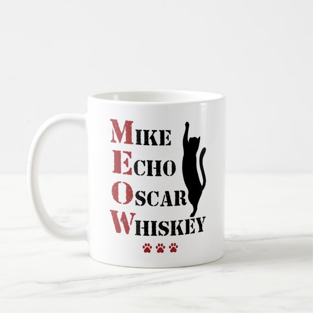 Mike Echo Oscar Whiskey MEOW Cat Coffee Mug (Left)