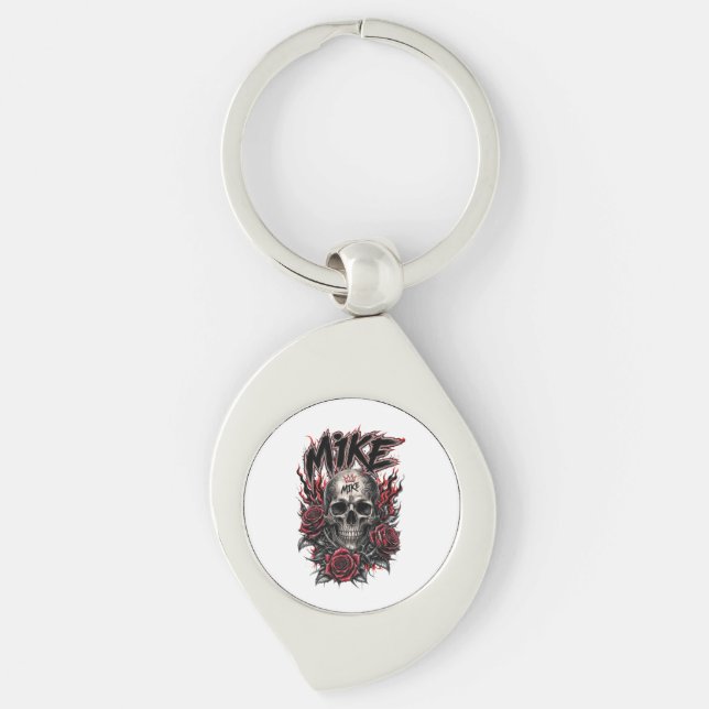Mike Gothic Skull with Red Roses and Flames Key Ring (Front)