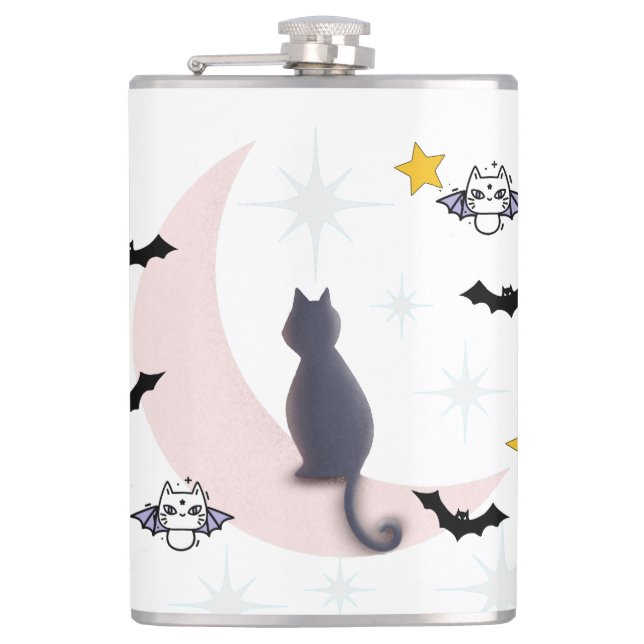 Mikitiez black cat bat halloween fall winter moon hip flask (Front)