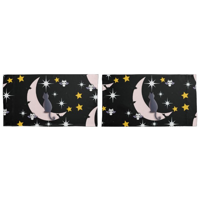 Mikitiez black cat bat halloween fall winter moon pillowcase (Front-Set)