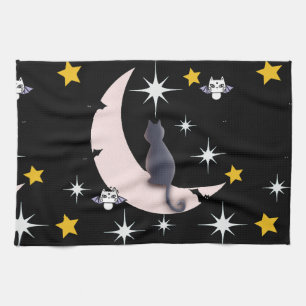 Mikitiez black cat bat halloween fall winter moon tea towel