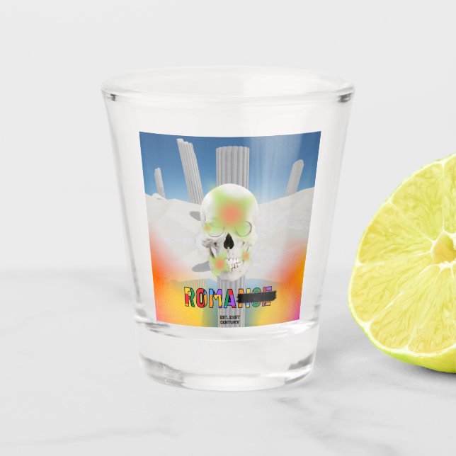 Mikitiez dreamer skull tatto rainbow rose beach Ro Shot Glass (Front)