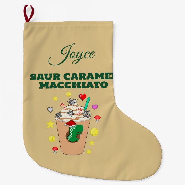 Mikitiez Trex dinosaur icedcoffee caramel xmas Large Christmas Stocking (Front)
