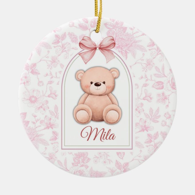 Mila | Custom Pink Teddy Bear Nursery Design  Ceramic Tree Decoration (Front)
