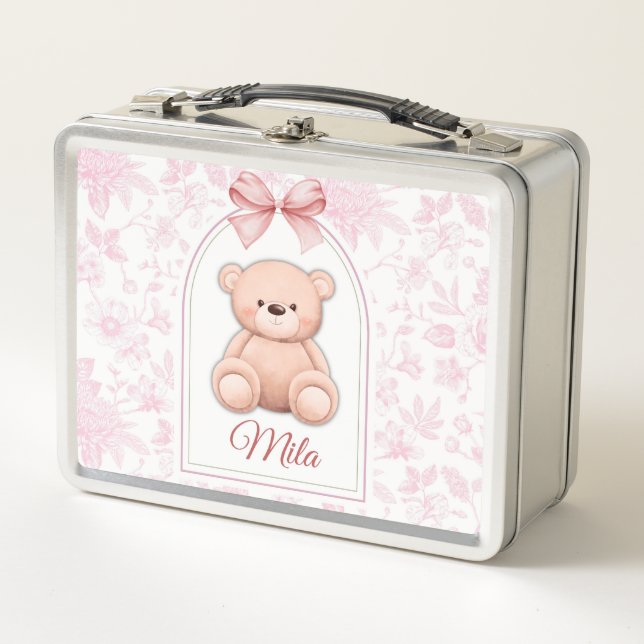 Mila | Custom Pink Teddy Bear Nursery Design  Metal Lunch Box (Front)