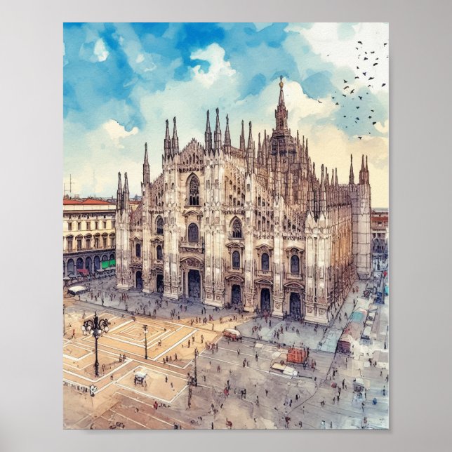 Milan Cathedral Italy Watercolor Art Poster (Front)
