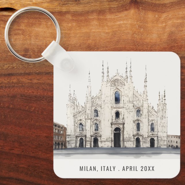 Milan Cathedral Italy Watercolor Italian Travel Key Ring (Front)