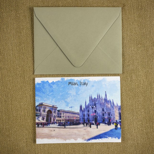 Milan Italy Cathedral Panorama View Postcard (Milan Italy Piazza watercolor postcard)