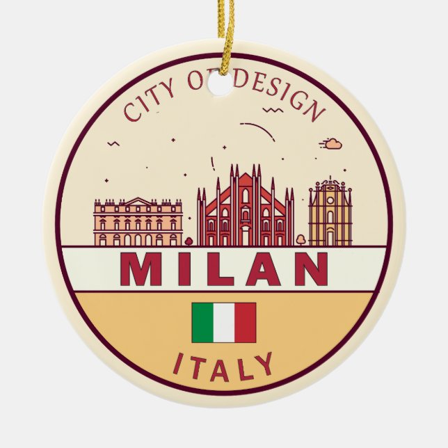 Milan Italy City Skyline Emblem Ceramic Tree Decoration (Front)