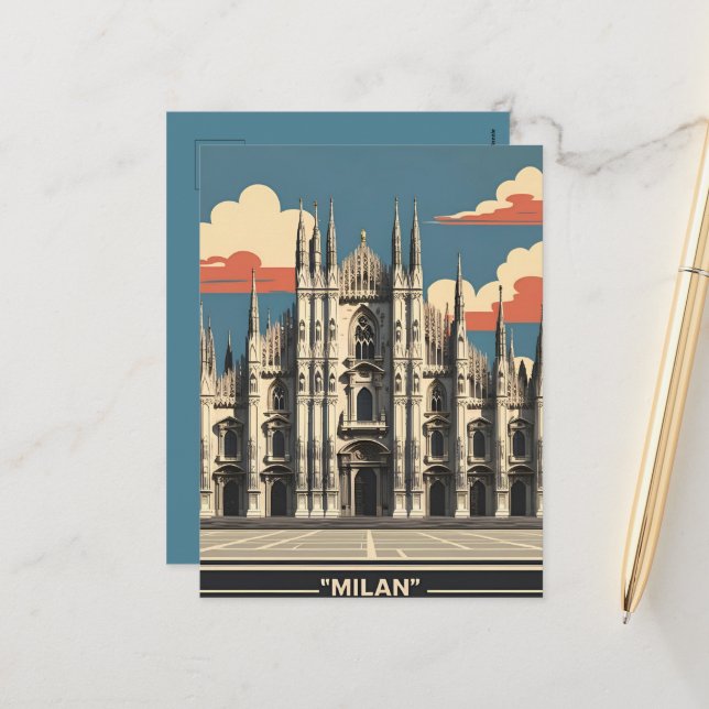 Milan Italy Travel Art – Duomo Cathedral City  Holiday Postcard (Front/Back In Situ)
