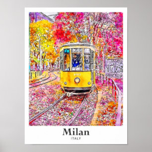 Milan Italy Travel Watercolor Hand Drawn Poster