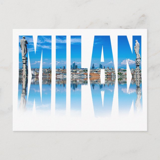 Milan label composed of Milan skyline in Italy Holiday Postcard (Front)