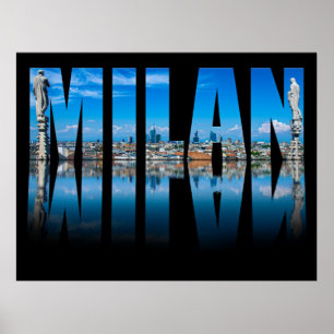 Milan label composed of Milan skyline in Italy Poster