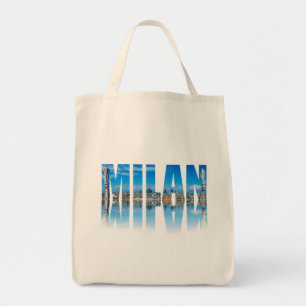 Milan label composed of Milan skyline in Italy Tote Bag