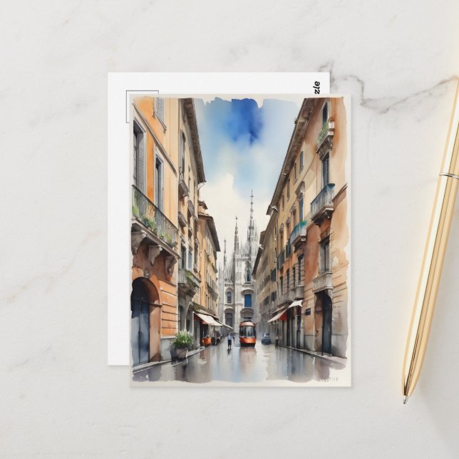 Milan watercolor art postcard (Front/Back In Situ)