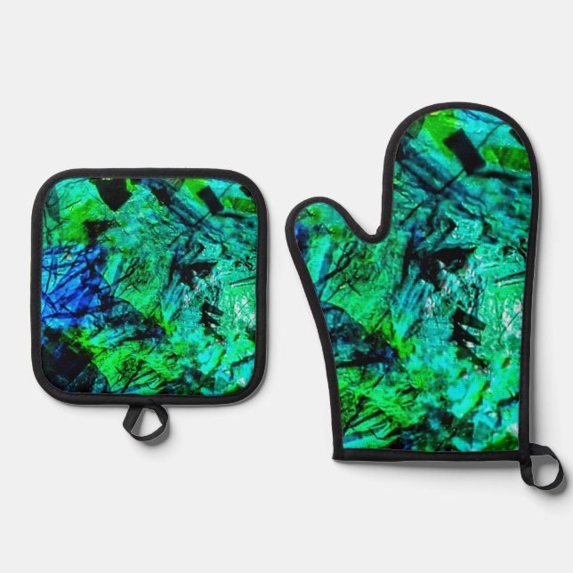 Mild blue pot holder and oven mitt,Blue abstract   Oven Mitt & Pot Holder Set (Front)