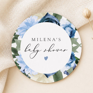 MILENA Dusty Blue Floral Boy Baby Shower Round Paper Coaster
