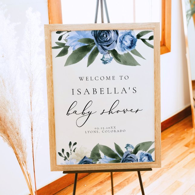 MILENA Dusty Blue Floral Boy Baby Shower Welcome Poster (Creator Uploaded)