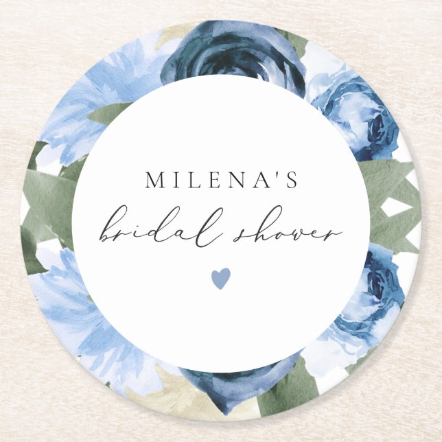 MILENA Something Blue Floral Bridal Shower Round Paper Coaster (Front)