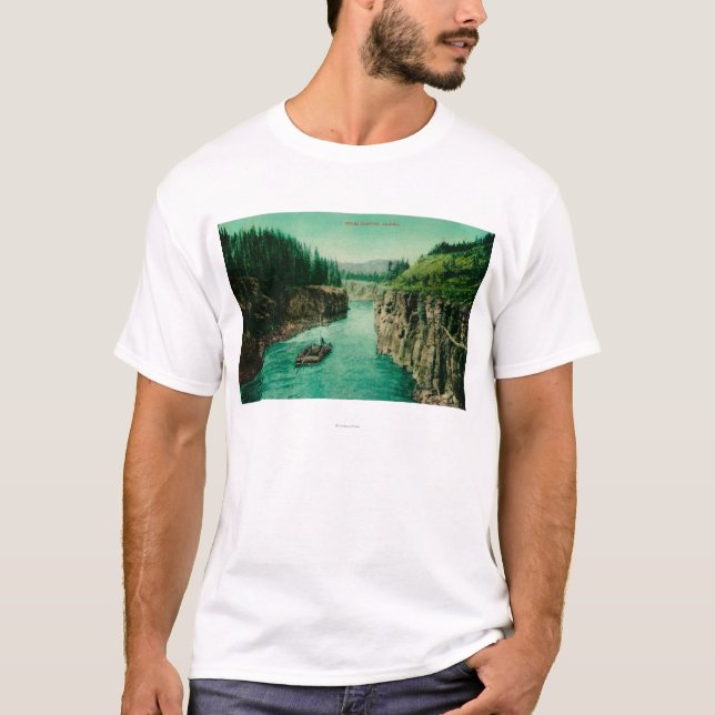 Miles Canyon, Alaska View with Men Rafting Down T-Shirt (Front)
