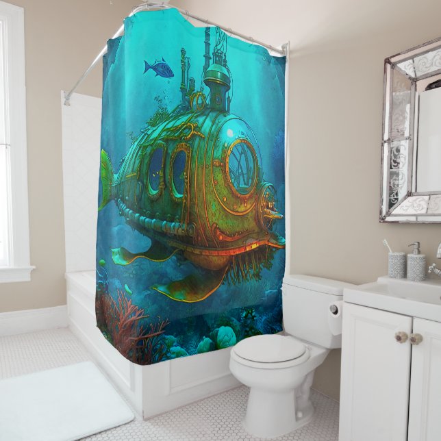 Miles Under the Sea Art Illustration Steampunk Shower Curtain (In Situ)