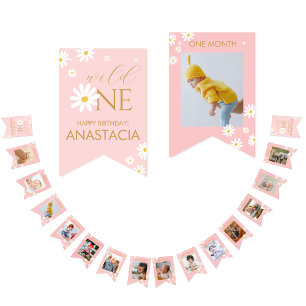 Milestone 1st Birthday Pink Photo White Daisy Bunting