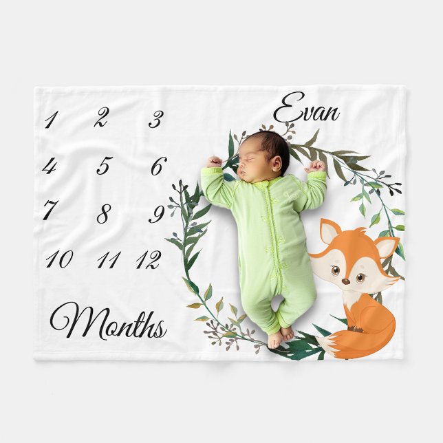 Milestone Baby Fox Leaf Wreath Keepsake Fleece Blanket (Creator Uploaded)