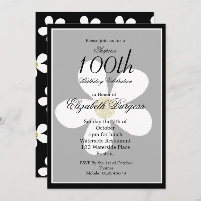 Milestone Birthday Black White Daisy Gold Elegant Invitation (Front/Back)