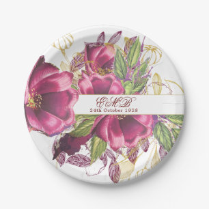 Milestone Birthday Burgundy Floral Elegant Chic Paper Plate