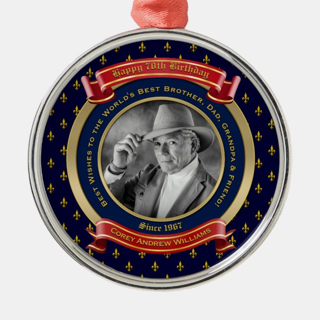 Milestone Birthday Gold Photo 70th Seventy Blue Re Metal Tree Decoration (Front)