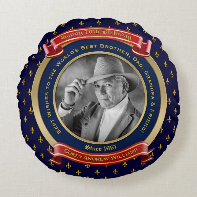 Milestone Birthday Gold Photo 70th Seventy Blue Round Cushion (Front)