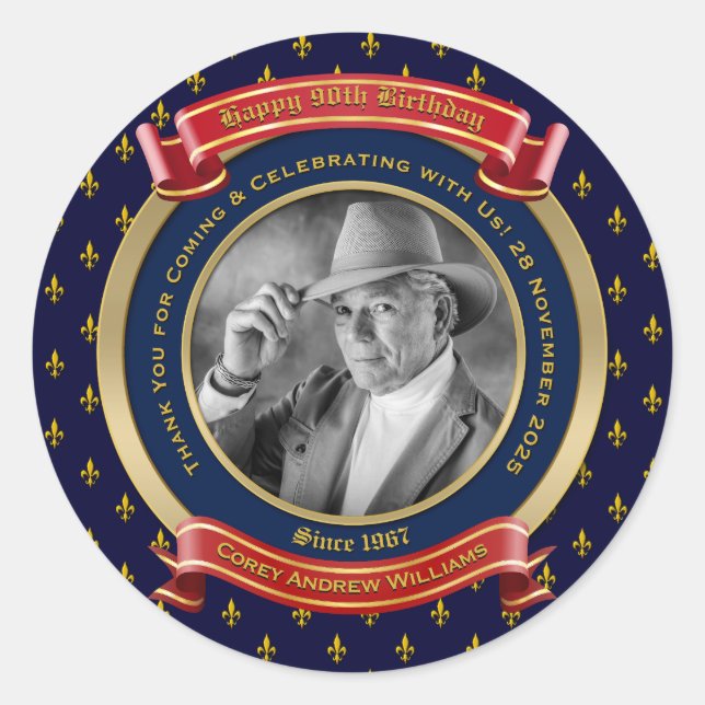 Milestone Birthday Gold Photo 90th Ninety Blue Red Classic Round Sticker (Front)