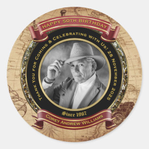 Milestone Birthday Gold Photo Vintage Map 50th Classic Round Sticker