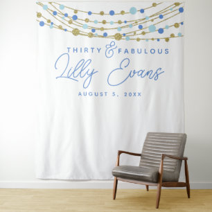 milestone birthday party banner blue and gold tapestry