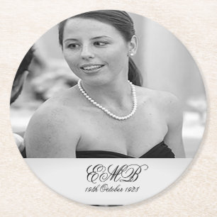 Milestone Birthday Photo Elegant Black White Round Paper Coaster