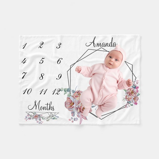 Milestone Flower Frame Floral Wreath Baby Keepsake Fleece Blanket (Creator Uploaded)