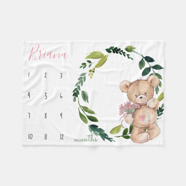 Milestone growth tracker - Teddy bear and greenery Fleece Blanket (Front (Horizontal))