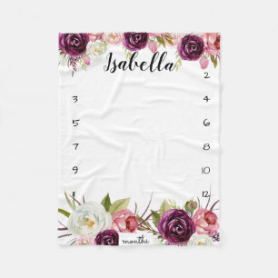 Milestone growth tracker watercolor pink flowers fleece blanket