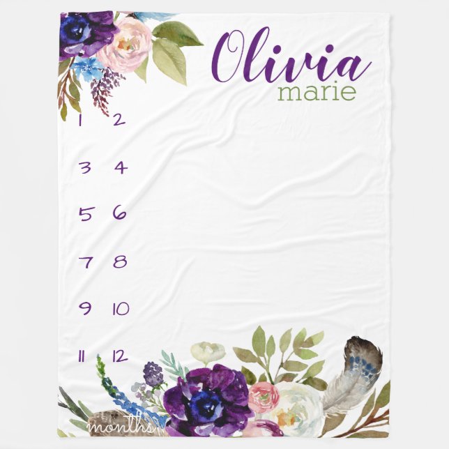 Milestone growth tracker watercolor purple flowers fleece blanket (Front)