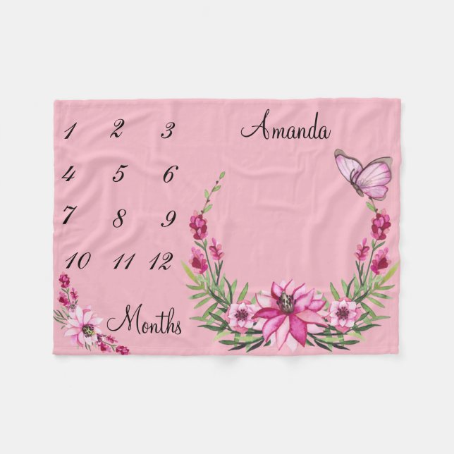 Milestone Pink Watercolor Wreath Baby Keepsake Fleece Blanket (Front (Horizontal))