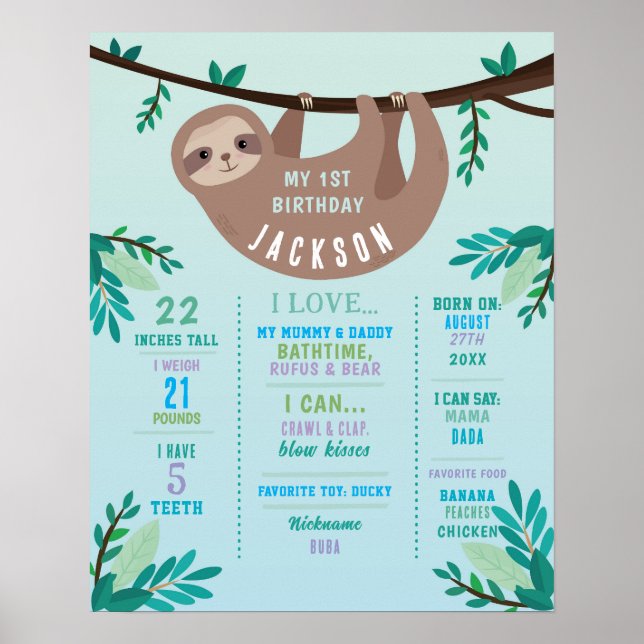 Milestone Sloth Poster Boys 1st Blue Jungle  (Front)