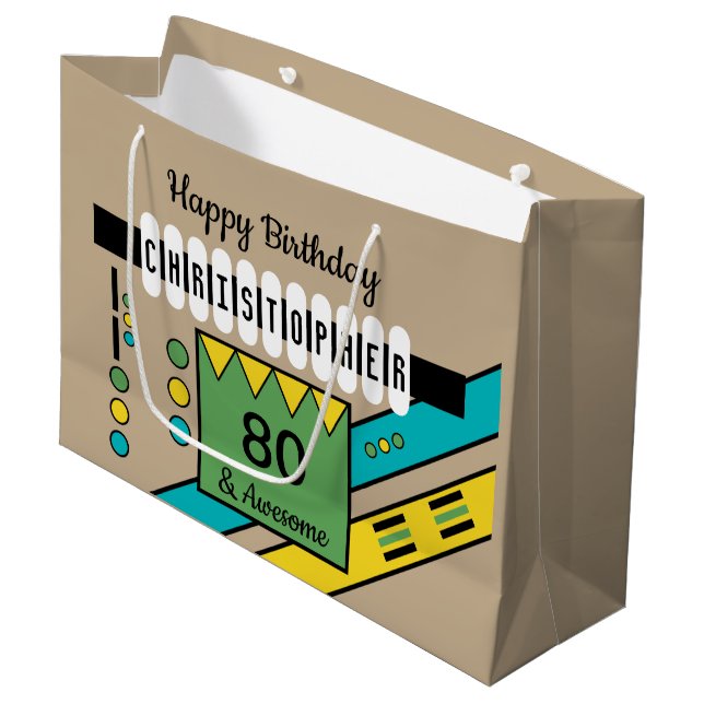 Milestone special birthday name green yellow large gift bag (Front Angled)