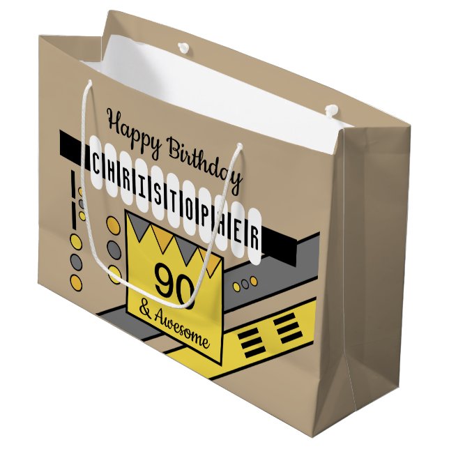 Milestone special birthday name grey yellow large gift bag (Front Angled)